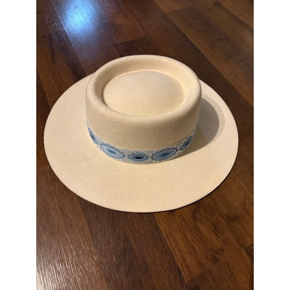 Lack of Color The Sierra Ivory Wool Boater Hat w/ Blue‎ Brocade Trim Size M 57cm